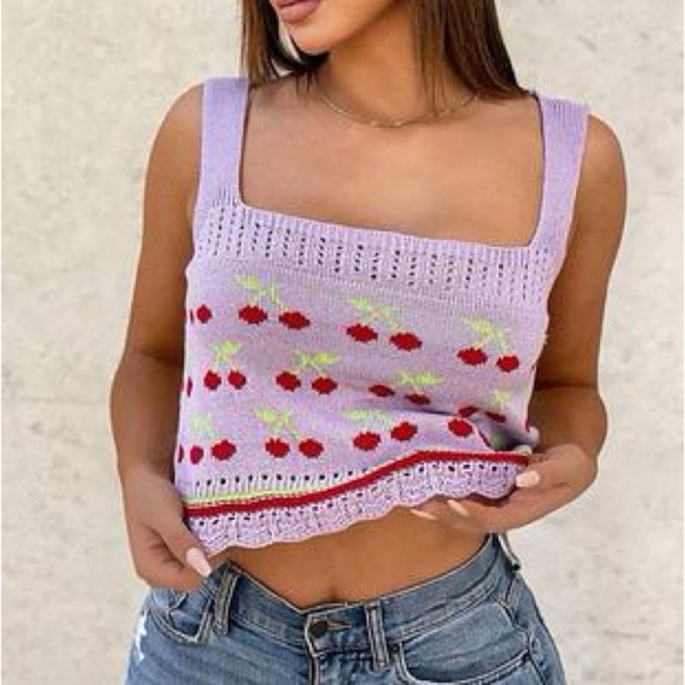 ZARA Cherry Knit Crop Top Purple Red Green Size Medium
